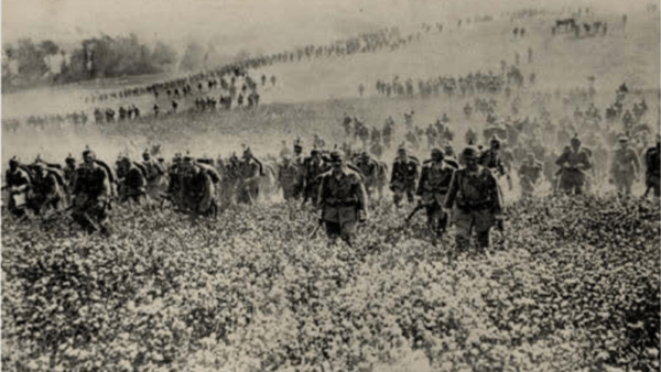 German troops on World War 1 MOBILIZATION a pre-war training exercise. They are wearing the spiked helmet replaced during the war by the “coal-scuttle”.