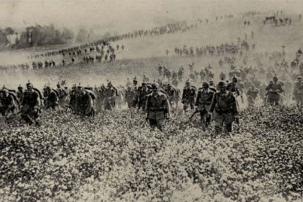 German troops on World War 1 MOBILIZATION a pre-war training exercise. They are wearing the spiked helmet replaced during the war by the “coal-scuttle”.