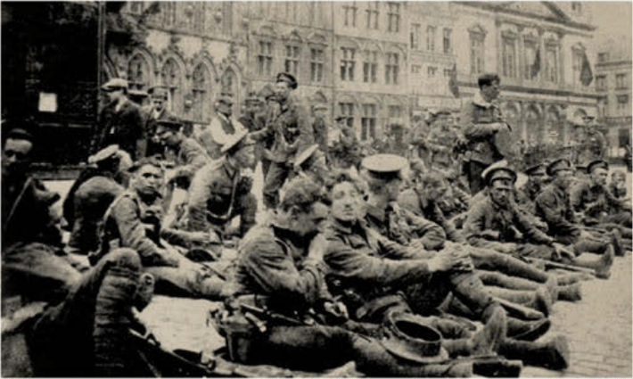 The 4th Royal Fusiliers resting in Mons, Saturday 22 August, 1914. On the next day the battalion saw heavy fighting.