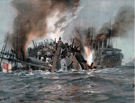 The War At Sea - The battle cruisers Aboukir, Hogue and Cressy sinking in the North Sea after being torpedoed.
